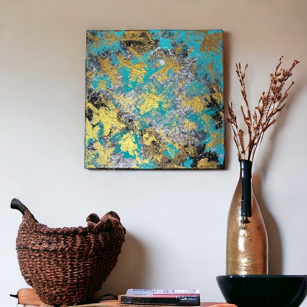 Modern Abstract Canvas Art Turquoise Gold Silver Textured Painting 12" Original